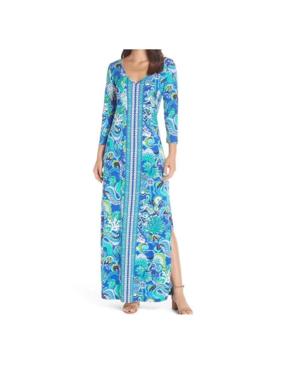 Blue & Teal Printed Maxi Dress with Side Slit
